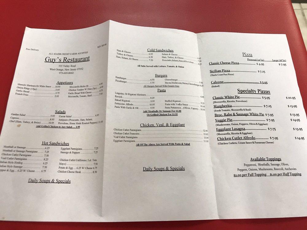 Menu at Guys Restaurant & Pizzeria, West Orange