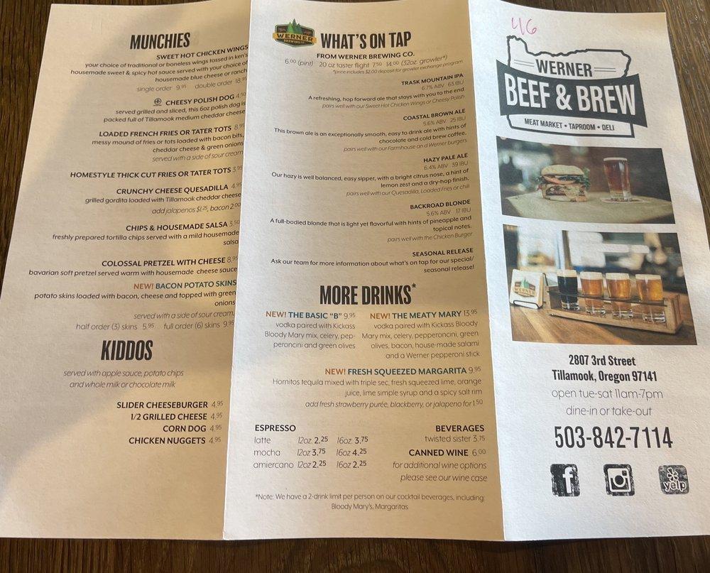 Menu at Werner Beef & Brew restaurant, Tillamook
