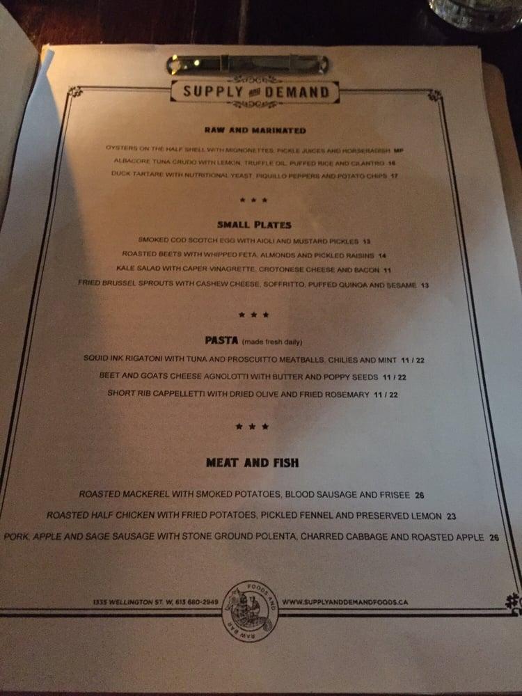 Menu at Supply and Demand restaurant, Ottawa