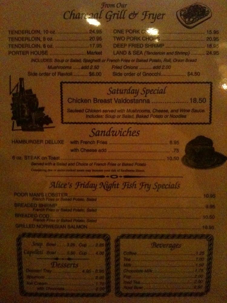 Menu at Alice's Supper Club, Iron River