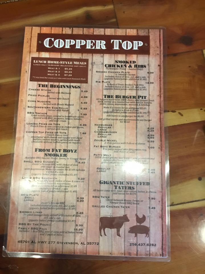 Menu at Copper Top BBQ, Stevenson