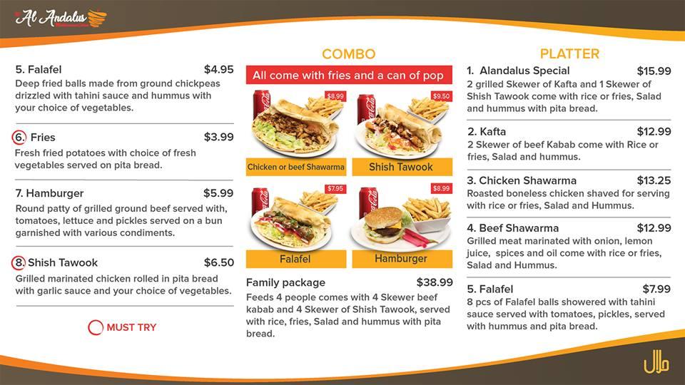 Menu at Al Andalus Shawarma restaurant, London