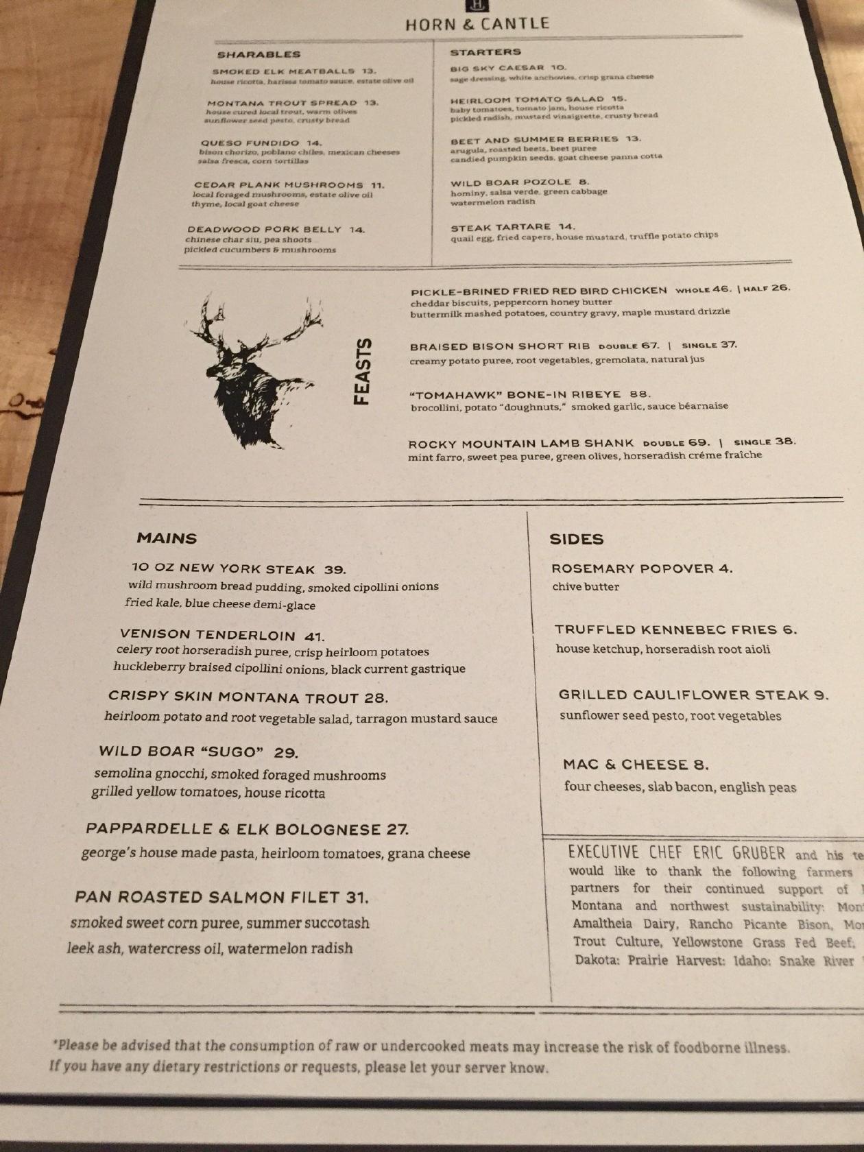 Menu at Horn and Cantle steakhouse, Big Sky