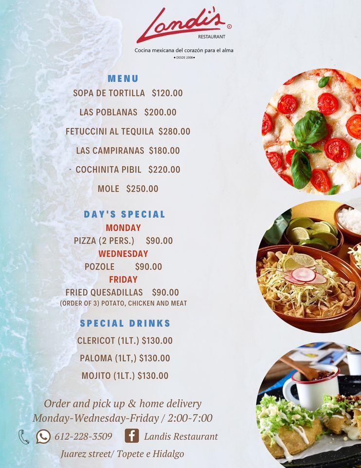 Menu at Landi's Restaurant, Todos Santos, Calle Juarez Entre Topete e
