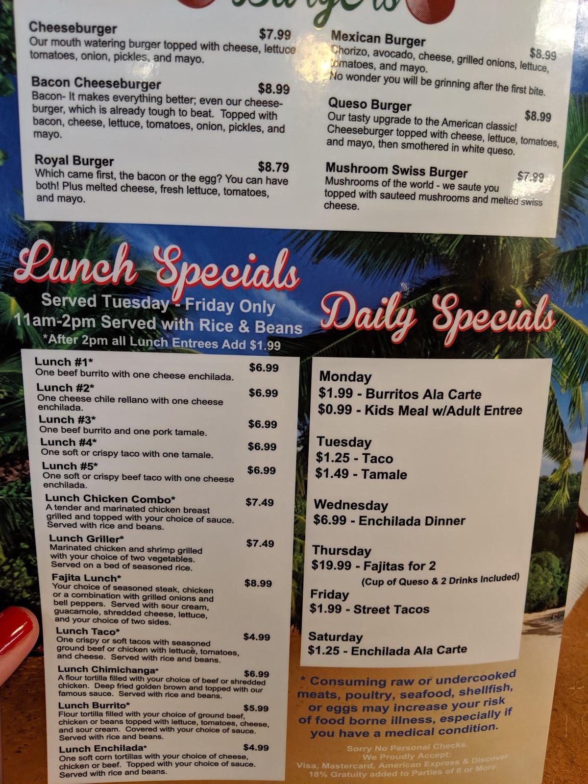 Menu at Los Cocos restaurant, Salina