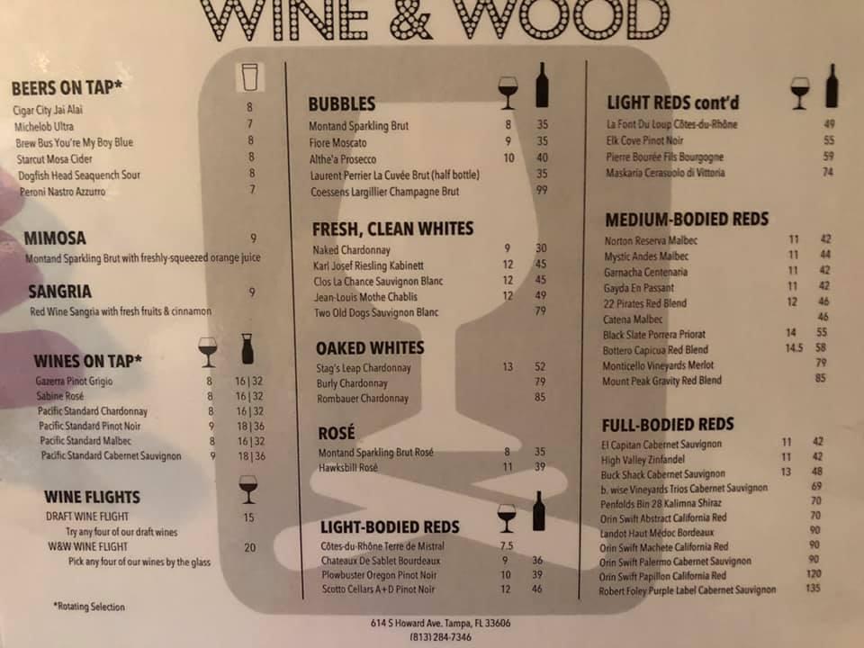 Menu at Wine & Wood pub & bar, Tampa