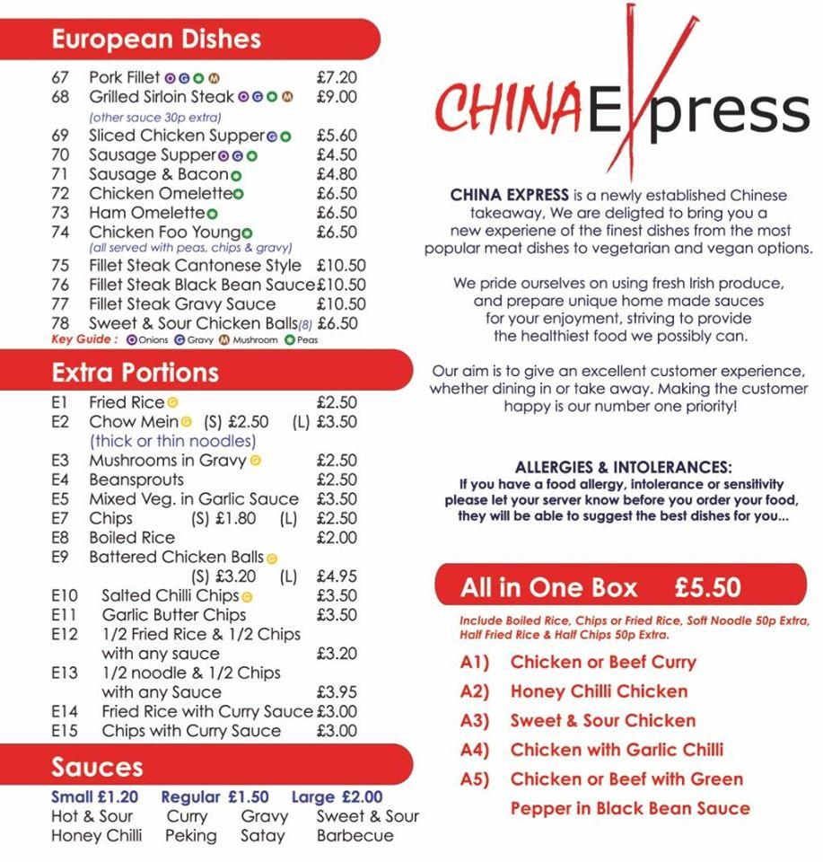 Menu at China Express restaurant, Belfast, 1b Erinvale Dr