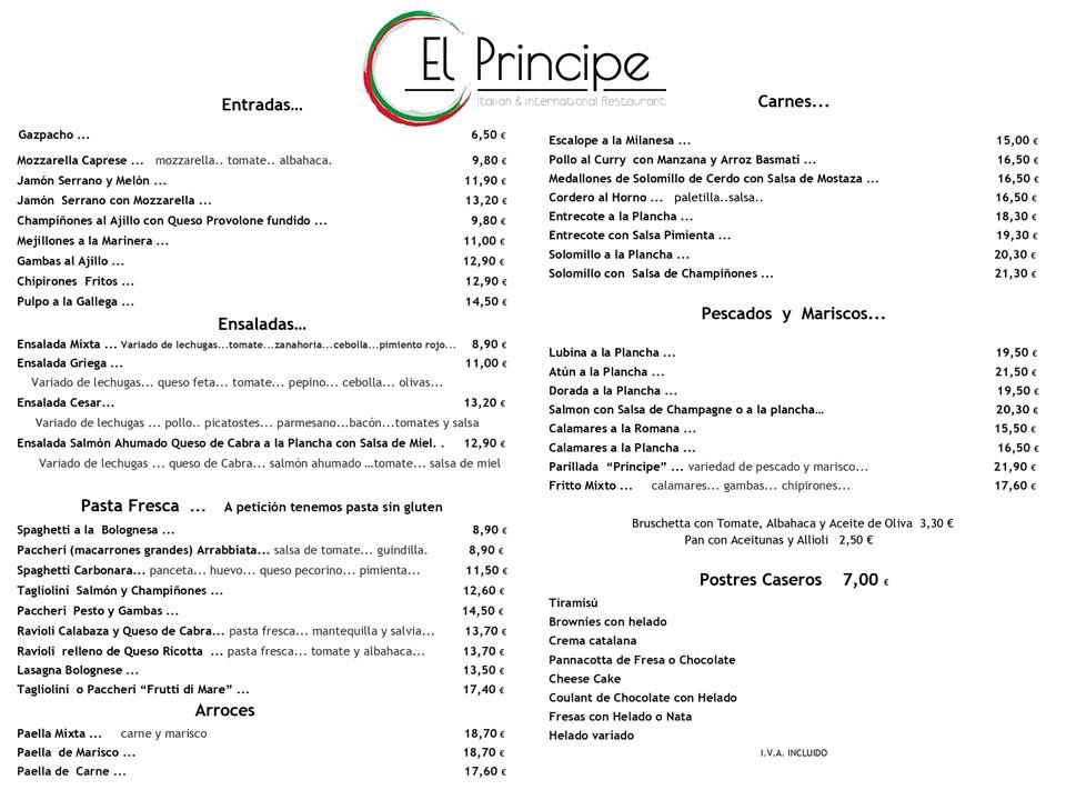 Carta del restaurante El Principe, Ibiza, Passeig ses Pitiüses