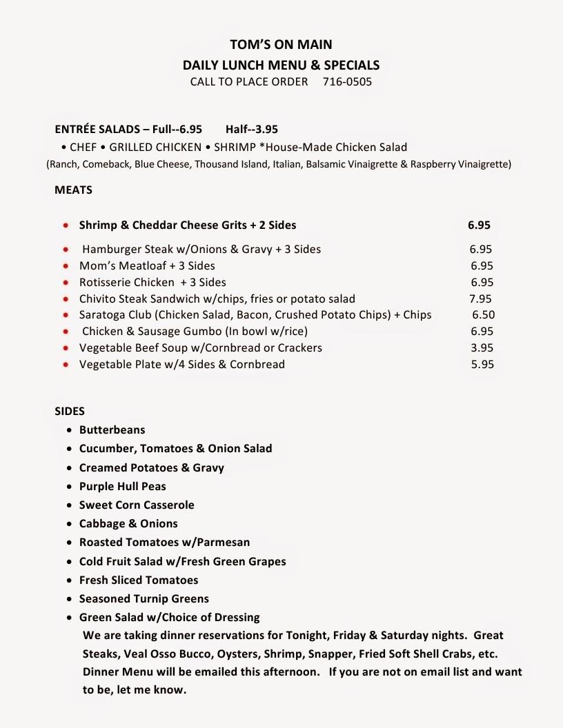 Menu at Tom's On Main restaurant, Yazoo City