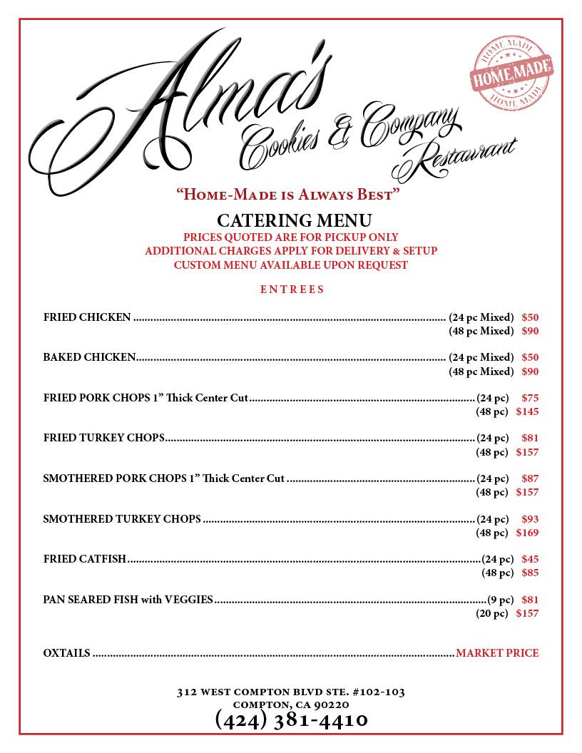 Menu at Alma's Place desserts, Compton
