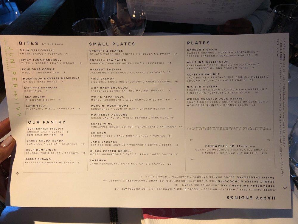 Menu at Juniper & Ivy pub & bar, San Diego