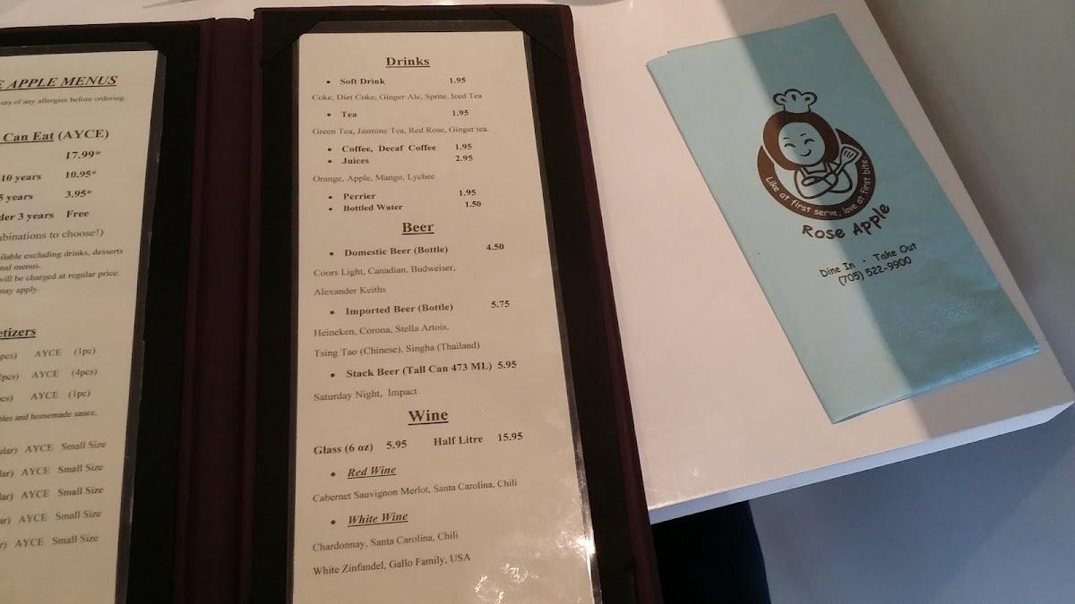Menu at Rose Apple restaurant, Sudbury, Paris St