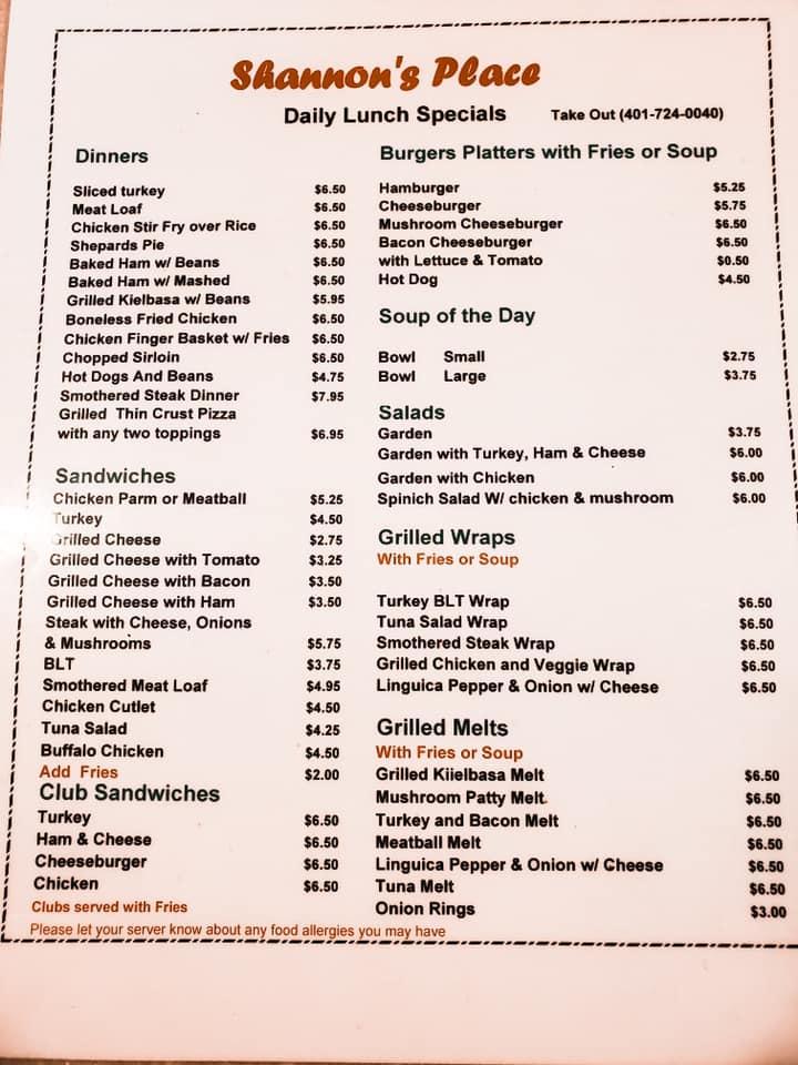 Menu at Shannon's Place restaurant, Pawtucket