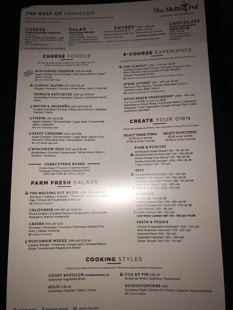 Menu at The Melting Pot restaurant, Kennesaw