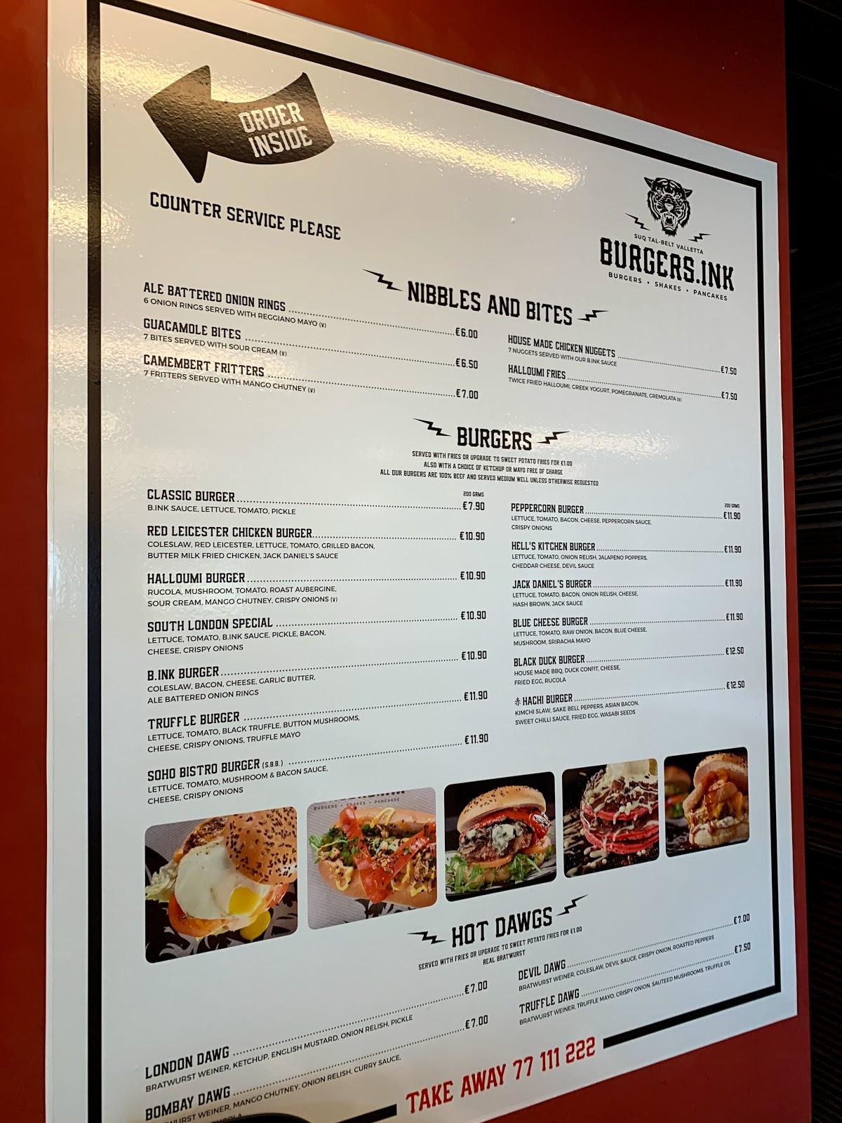 Menu at Burgers.Ink restaurant, Valletta