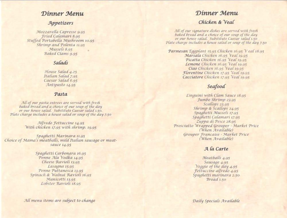 Menu at Ciao italian restaurant, Myrtle Beach