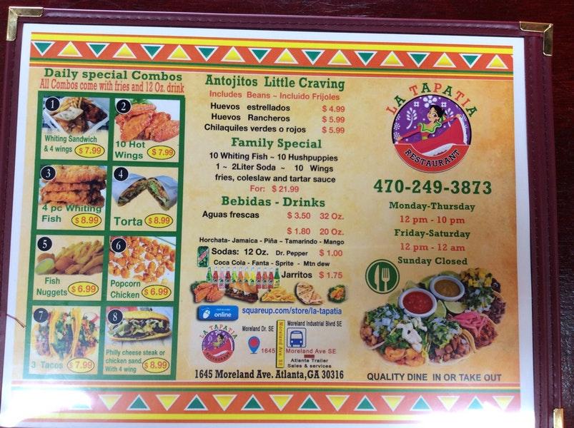 Menu at La Tapatia Mexican Restaurant, Atlanta, Moreland Ave SE
