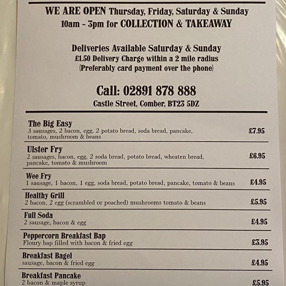 Menu at The Peppercorn Bistro cafe, Comber, 6 Castle St