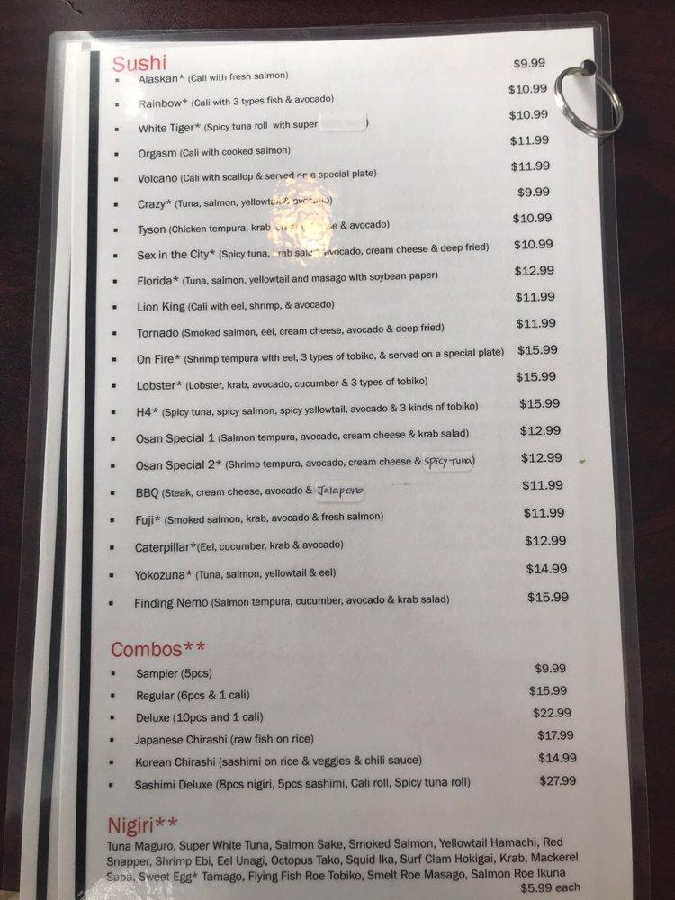 Menu at Osan's Korean restaurant and Japanese Sushi, Fort Walton Beach