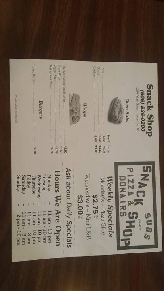 Menu at Bridge st Snack Shop restaurant, Sackville