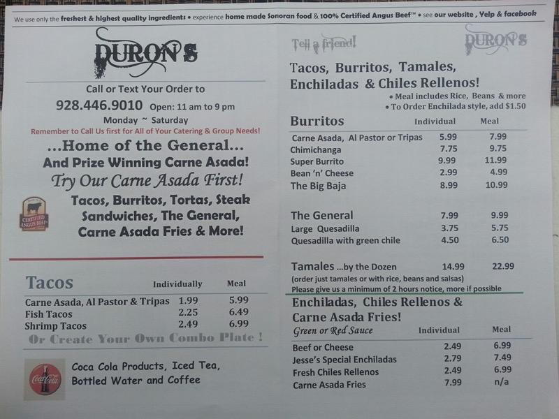 Menu at Duron's In The Foothills restaurant, Yuma