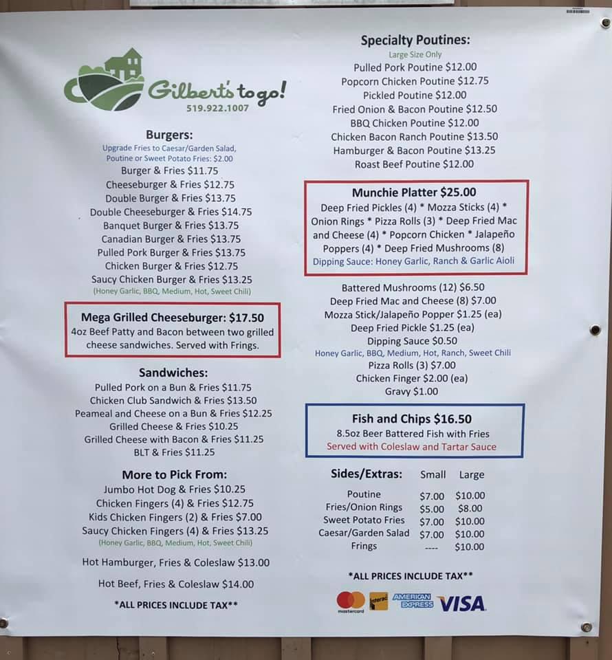 Menu at Gilbert's To Go cafe, Canada
