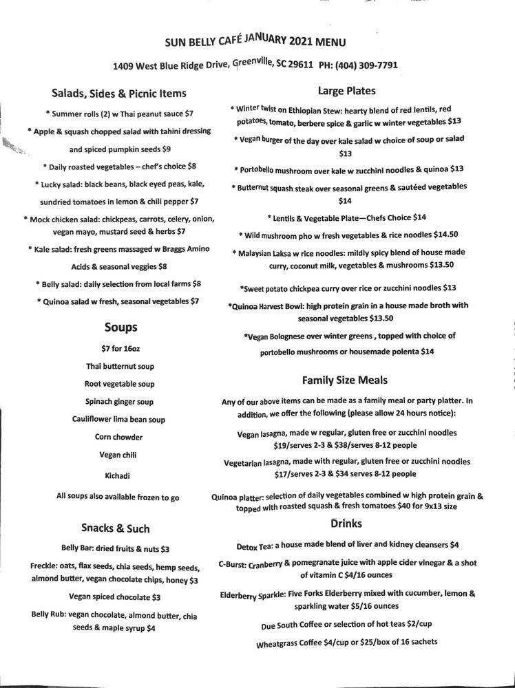 Menu at Sun Belly Cafe & Catering, Greenville