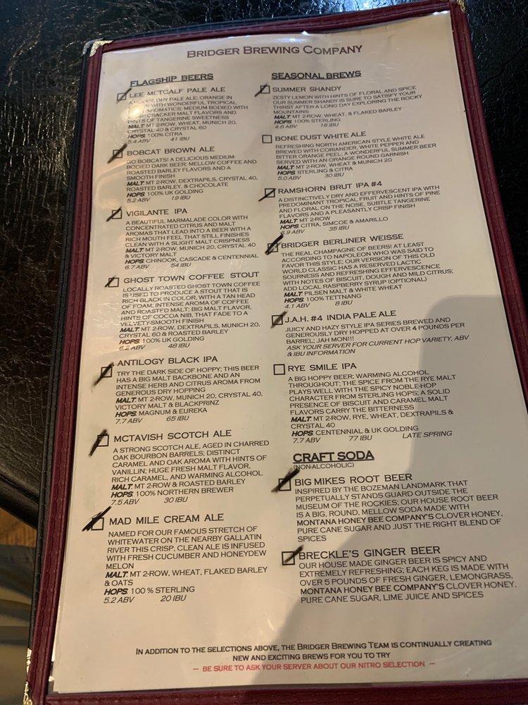Menu at Bridger Brewing pizzeria, Bozeman