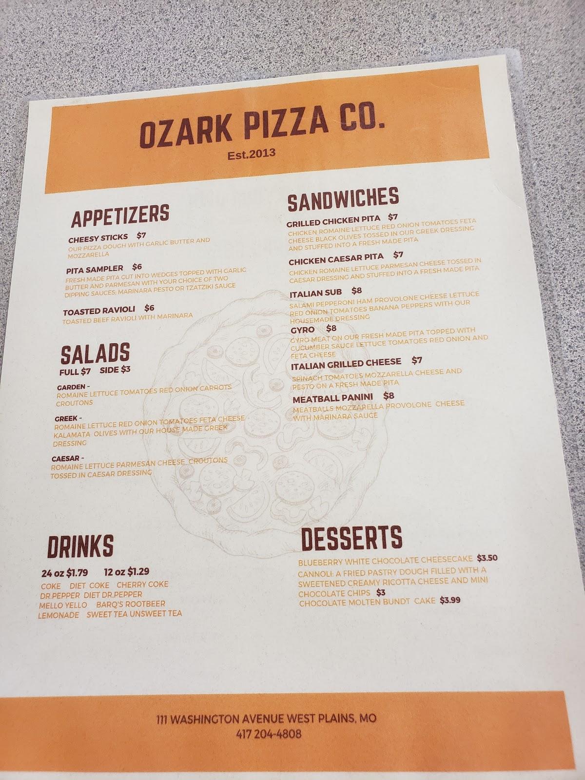 Menu at Ozark Pizza & Bread Company pizzeria, West Plains