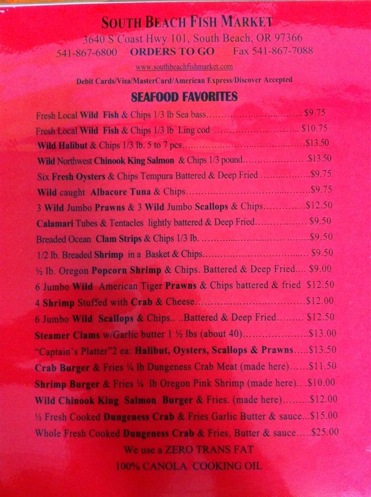 Menu at South Beach Fish Market restaurant, Newport