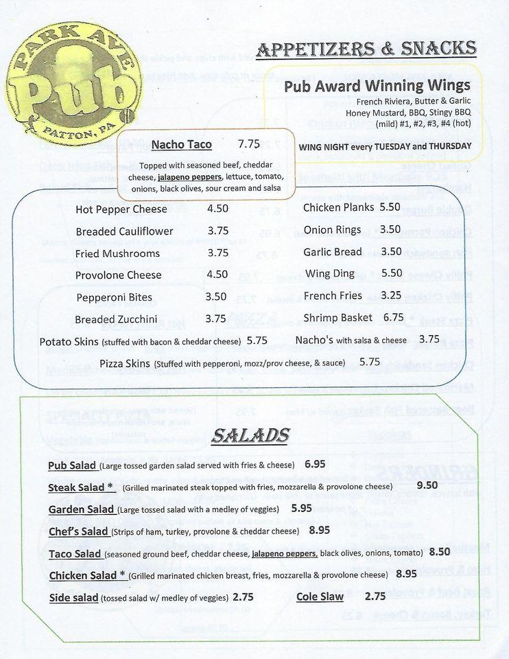 Menu at The Park Avenue Pub, Patton