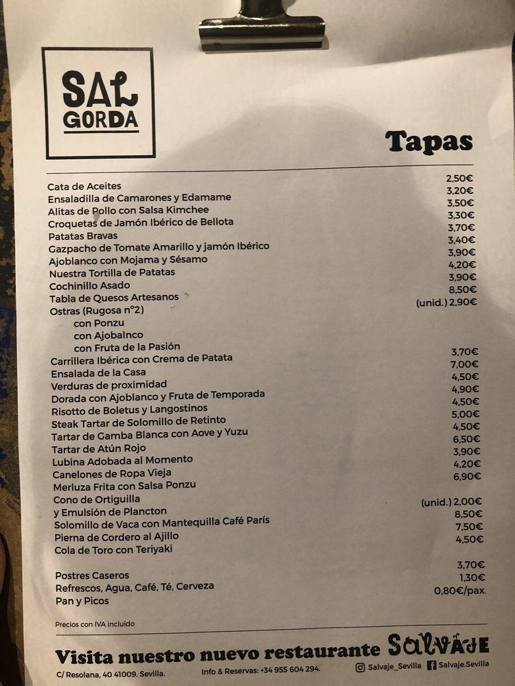 Menu at Bar Sal Gorda, Seville, C. Alcaicería de la Loza