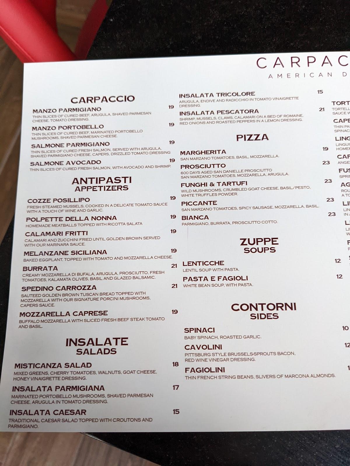 Menu at Carpaccio restaurant, East Rutherford