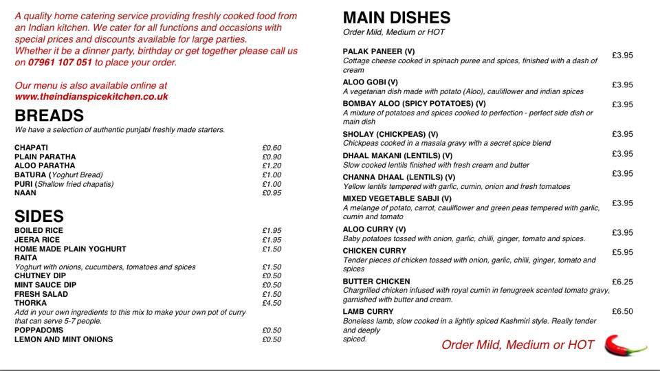 Menu at The Indian Spice Kitchen restaurant, Hinckley