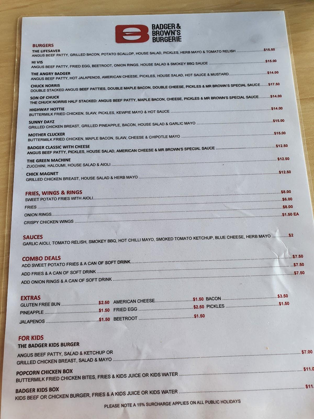 Menu at Badger & Brown's Burgerie fast food, Hervey Bay