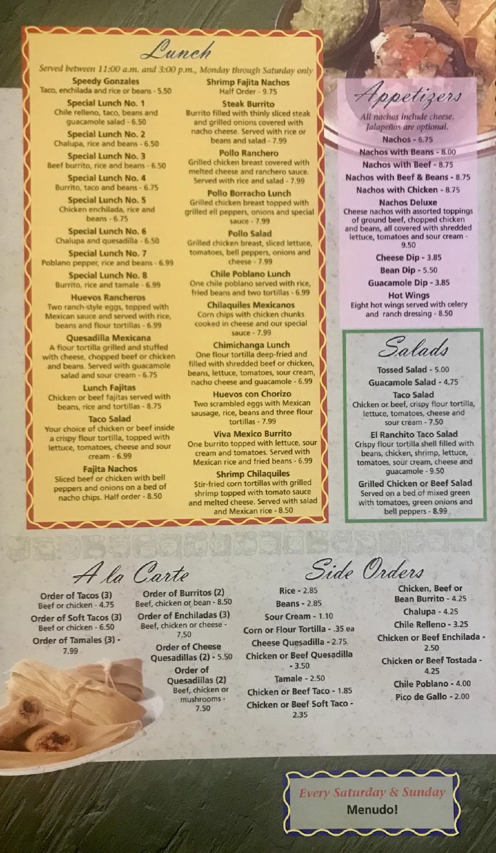Menu at Lomitas Mexican Restaurant, Webster City