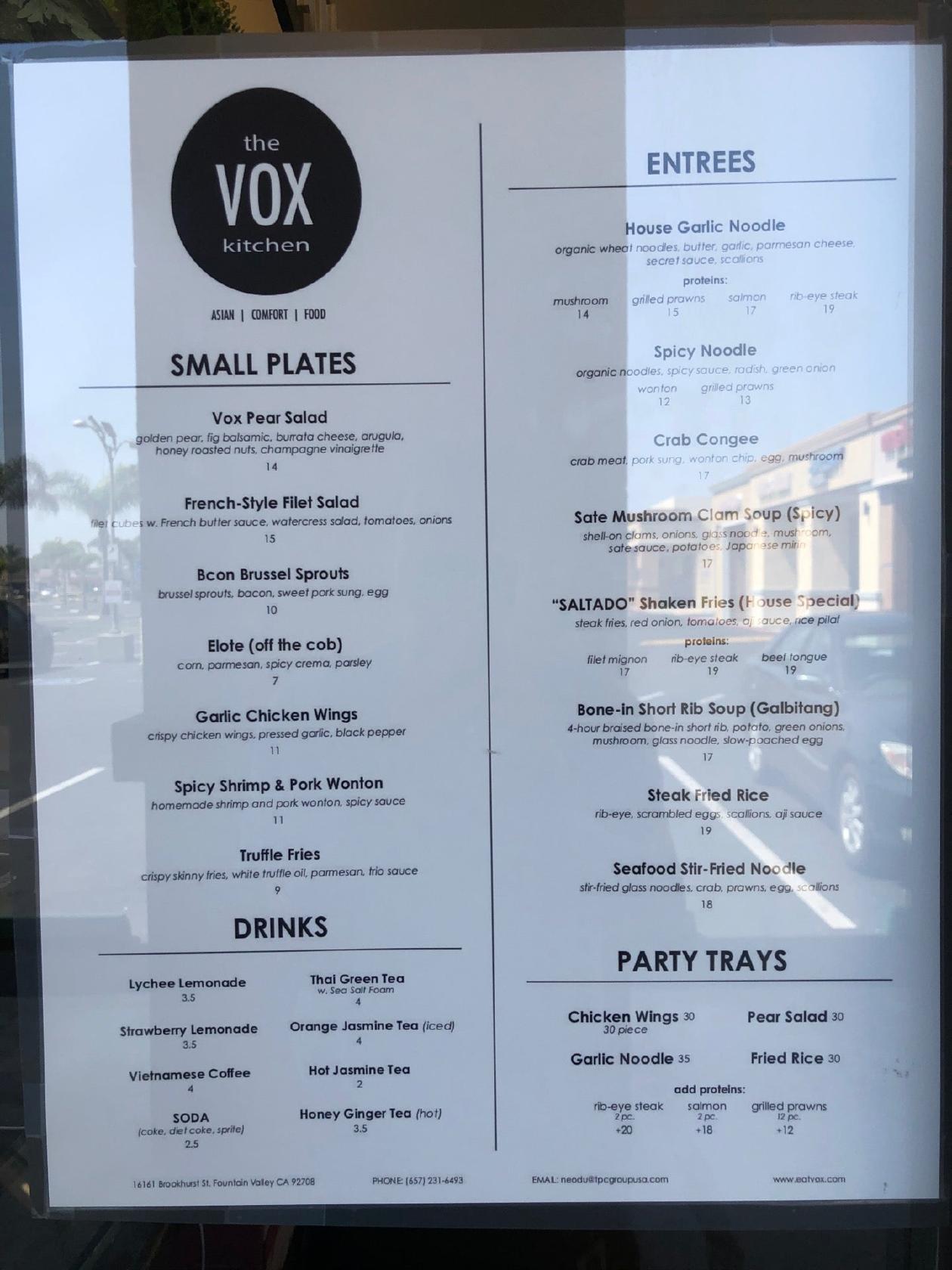 Menu at The Vox Kitchen restaurant, Fountain Valley