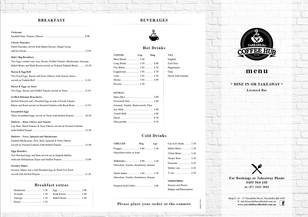 Menu at Yarrabilba Coffee Hub cafe, Yarrabilba