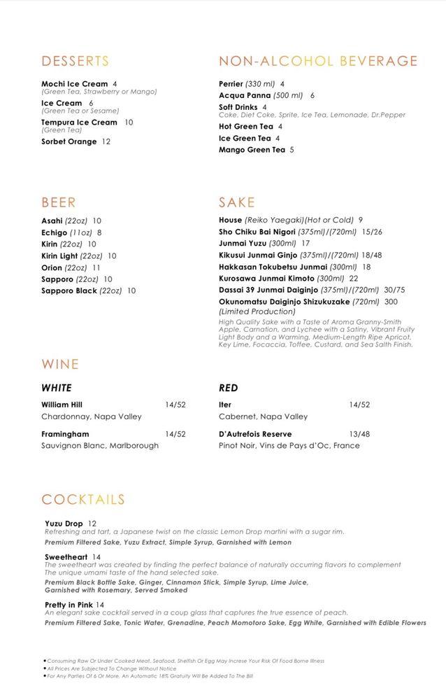 Menu at Yuzu Japanese Sushi Bar, Costa Mesa