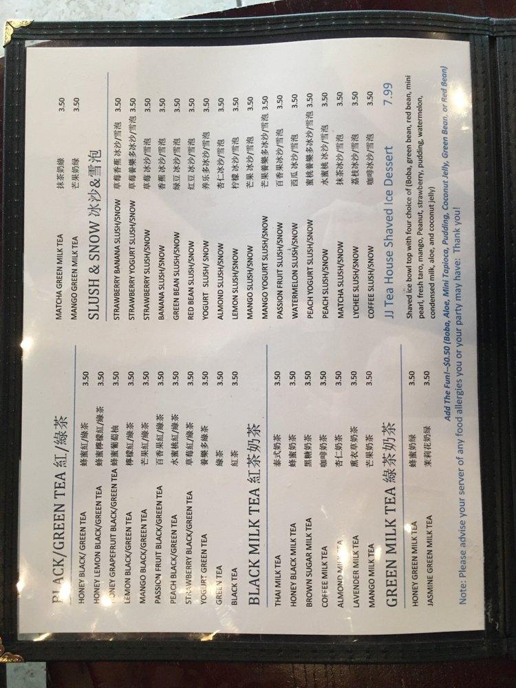 Menu at JJ Tea House restaurant, Columbia