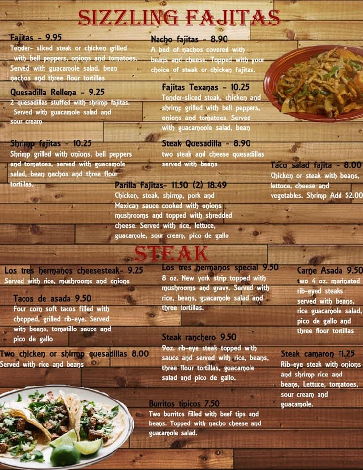 Menu at Los Tres Hermanos restaurant, Turbeville