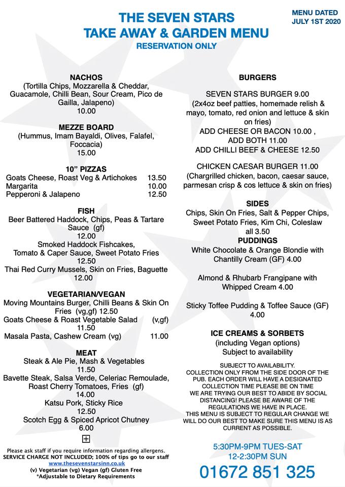 Menu at The Seven Stars Inn pub & bar, Upavon, The Seven Stars Inn