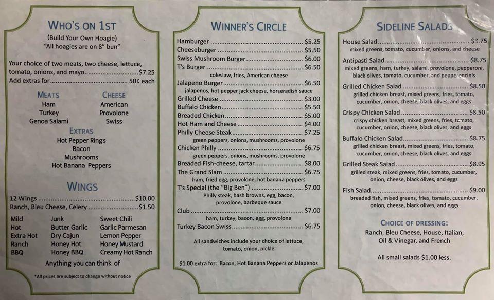 Menu at T's Locker Room pub & bar, Burgettstown