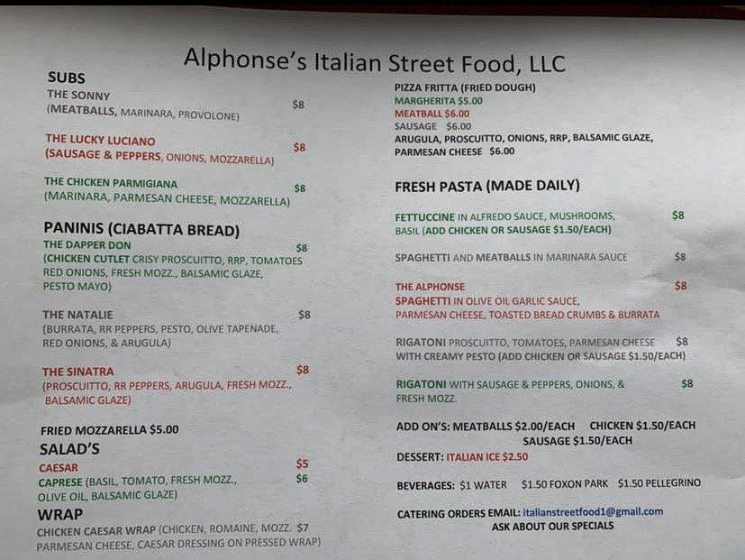 Menu at Alphonse's Italian Street Food, West Haven