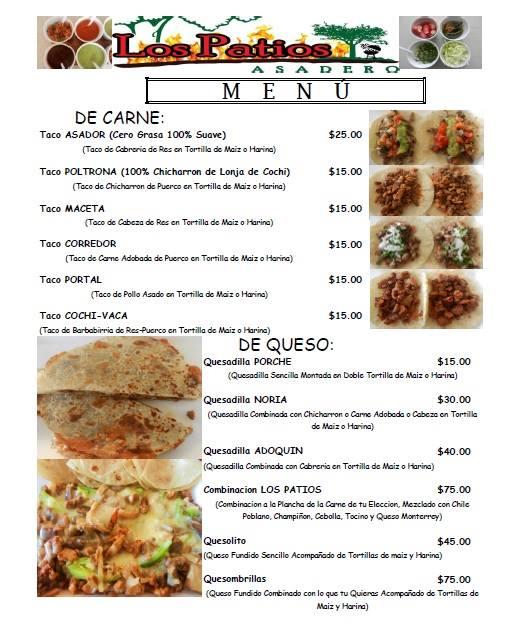 Menu at Asadero Los Patios restaurant, Mexico