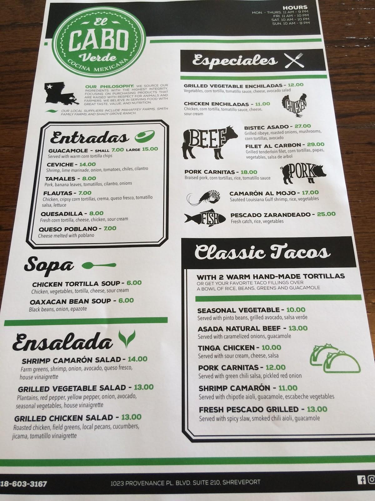 Menu at El Cabo Verde restaurant, Shreveport