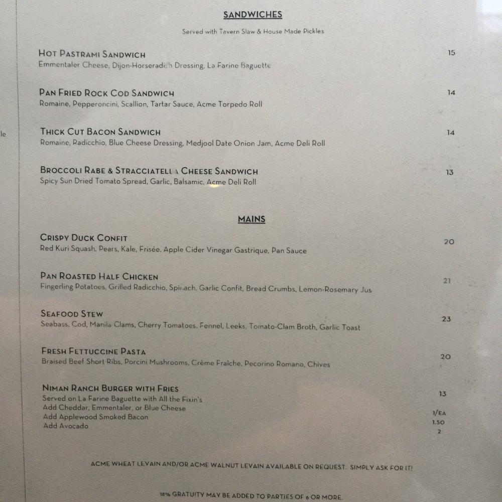 Menu at Wood Tavern restaurant, Oakland