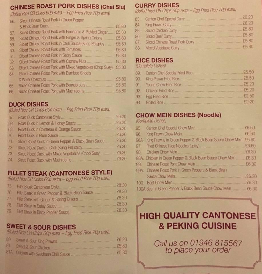 Menu at Canton Chef Cantonese restaurant, Cleator Moor