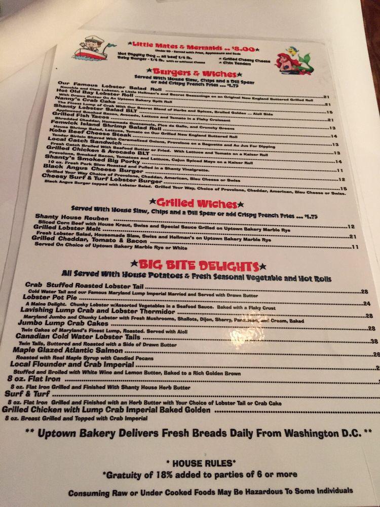 Menu at The Lobster Shanty restaurant, Fenwick Isle