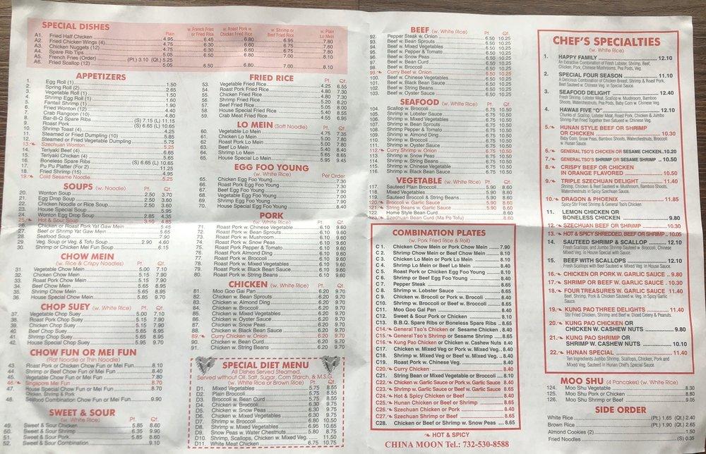 Menu at China Moon restaurant, Red Bank